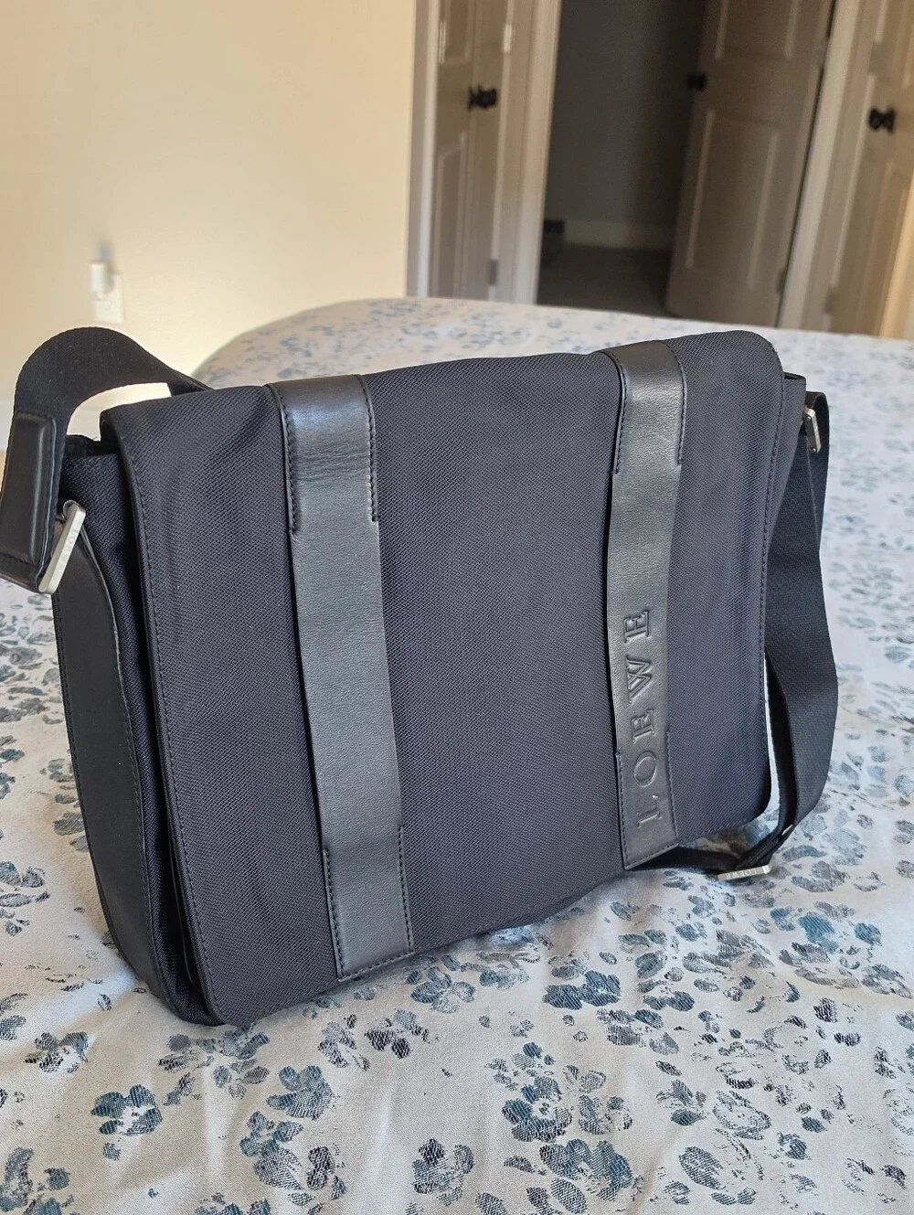 Authentic Loewe Navy-Black Messenger Bag with Leather Trim